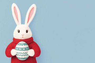 Obraz premium Cute Easter bunny holding a colorful egg in a cozy red sweater against a pastel blue background, perfect for spring holiday celebrations