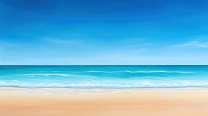 Fototapeta premium A serene beach landscape featuring golden sand meeting the calm turquoise waves under a clear blue sky. Perfect for evoking feelings of peace and tranquility in any design project.