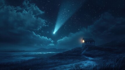 Fototapeta premium Comet over coastal cottage at night