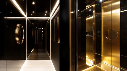 Elegant black and gold modern interior with high-gloss surfaces and LED accent lighting, premium interior design.