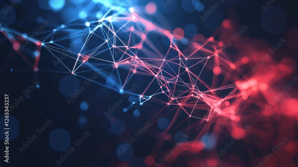 Poster abstract network connection: digital nodes and lines intertwined in red and blue hues