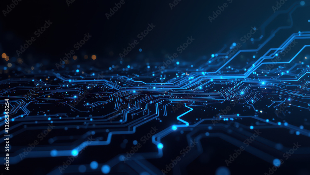 Poster close-up of a computer motherboard with illuminated blue led lights representing a digital landscape