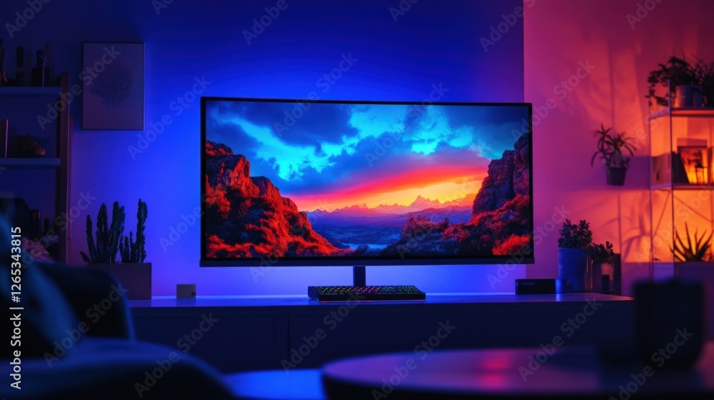 Aufkleber in a dimly lit room a high dynamic range monitor is mounted on an adjustable stand casting a soft gl
