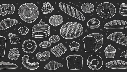 Hand drawn set of bakery and baking elements, bread, pastry, croissant, cake, donut. Doodle sketch style. Bakery element drawn by digital pen. perfect any project for menu, frame, recipe design.