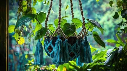 Lush indoor garden featuring a vibrant macram? plant hanger with trailing greenery
