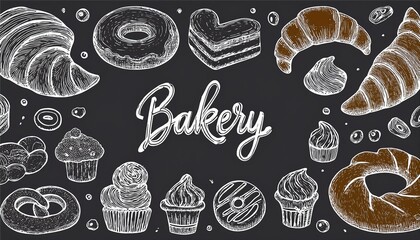 Hand drawn set of bakery and baking elements, bread, pastry, croissant, cake, donut. Doodle sketch style. Bakery element drawn by digital pen. perfect any project for menu, frame, recipe design.