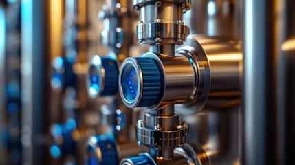 Close-up of Industrial Valves with Bright Blue Details in a Modern Pipe System for Manufacturing and Engineering Applications