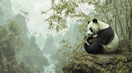 Obraz premium Serene Panda Playing Bamboo Flute in Lush Forest Landscape Surrounded by Mountains and Tranquil River in Dreamy Atmosphere