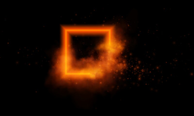 A glowing, fiery square portal radiates energy in a dark void, surrounded by floating sparks and smoke, evoking mysticism and digital magic.