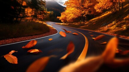 A scenic view of a winding road surrounded by vibrant autumn leaves, showcasing the beauty of nature and the changing seasons. Ideal for travel and seasonal themes.