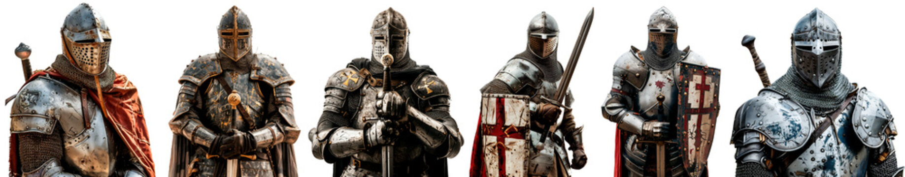 Set of medieval knights in full plate armor with swords and shields on a transparent background. Features battle-worn steel, chainmail, and red capes, evoking historical chivalry, crusaders