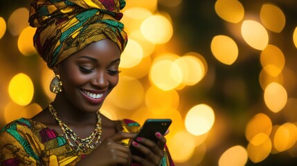 African woman texting, bokeh lights