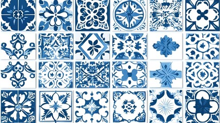 Fototapeta premium Traditional blue and white ceramic tile pattern with intricate ornamental designs in vintage style