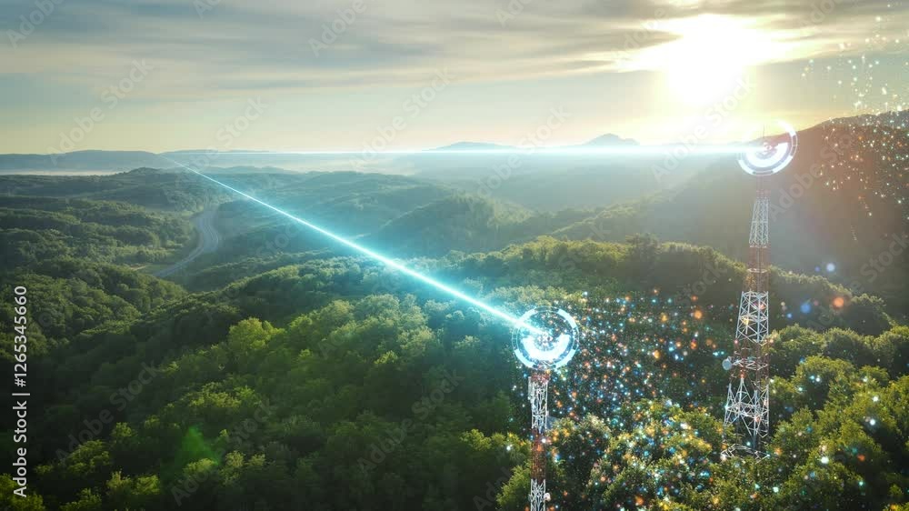 Poster telecommunication towers receiving signals and distributing data in millions of small digital partic