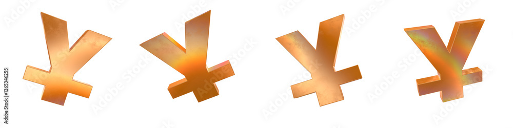 Poster Set of 4 3d yuan symbol shapes with golden and rainbow effects isolated on a transparent background. 3d elements for graphic design.