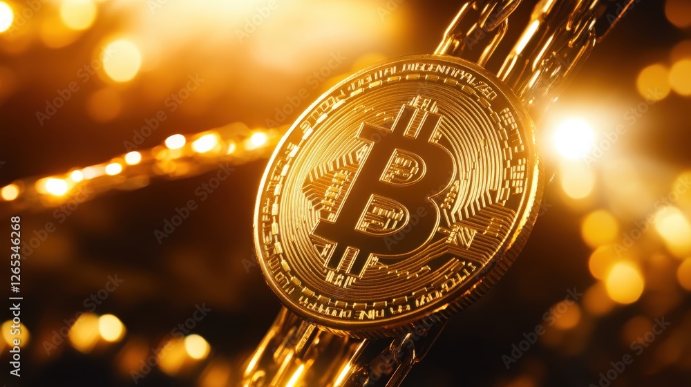 Poster a close-up image of a shiny bitcoin resting on a chain, illuminated by vibrant golden lights, symbol