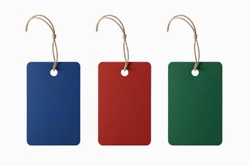 three tags with string hang on a white background
