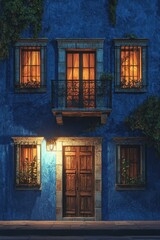 Obraz premium Old blue building facade with a balcony and windows at night in the city of Guanajuato, Mexico, illuminated by warm street light