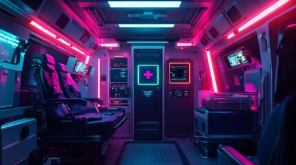 Obraz premium Futuristic high-tech ambulance with glowing neon emergency lights and an AI-controlled dashboard, representing the future of emergency response.