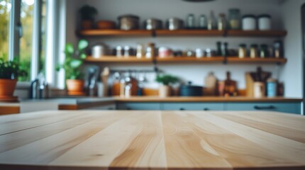Obraz premium The image is a close-up of a wooden table top in a kitchen. wooden table, Product shelf, product display.