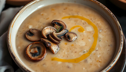 A rich and creamy mushroom soup served in a deep bowl, garnished with sautéed mushroom slices and a drizzle of truffle oil. The earthy aroma fills the air, making it irresistible.