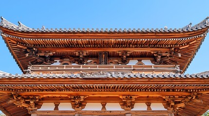 Fototapeta premium Japanese temple roof detail, sunny day, clear sky, peaceful background, tourism