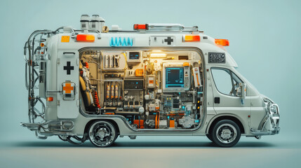 Giant life-saving first-aid kit shaped like an ambulance, filled with futuristic medical gadgets, emergency preparedness concept.