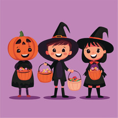 A vector of kids in Halloween costumes holding candy buckets