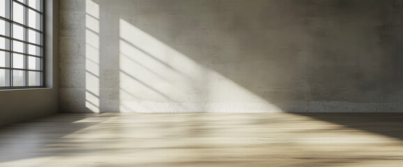 Natural light casts shadows in an empty modern interior space with large windows