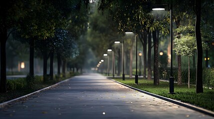 Obraz premium Night Path Through a Misty Park with Streetlights