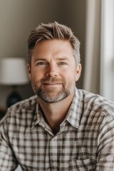 Obraz premium Portrait of a Young Man with a Beard, Wearing a Checkered Shirt, and Looking Contented