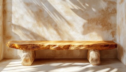 Discover serene elegance with a sunlit natural wood podium, a captivating wooden log table bathed in warm light Tropical banana tree shadows dance gracefully on a beige concrete wall, creating a
