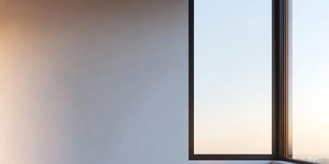 Modern architectural design featuring a large window showcasing the evening sky