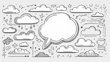 Line simple balloon frame for text title. Line decoration simple speech bubble set with comic cloud, balloon, arrow element. Hand drawn doodle sketch style. perfect any project.