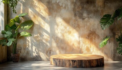 Discover serene beauty with this image featuring a sunlit wooden log table serving as a natural wood podium, set against a calming beige concrete wall adorned with tropical banana tree shadows