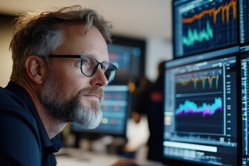 A skilled professional engaged in the visualization of data on high-tech screens, symbolizing the importance of analytics in making informed business decisions.