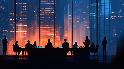 Fototapeta premium Night City Meeting, Business Strategy, Skyline View