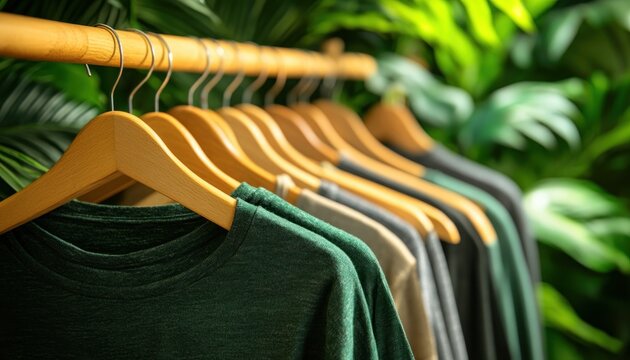Discover sustainable style with our collection of organic eco-friendly clothing displayed on wooden hangers, promoting ethical fashion Shop ethically made garments crafted from natural materials