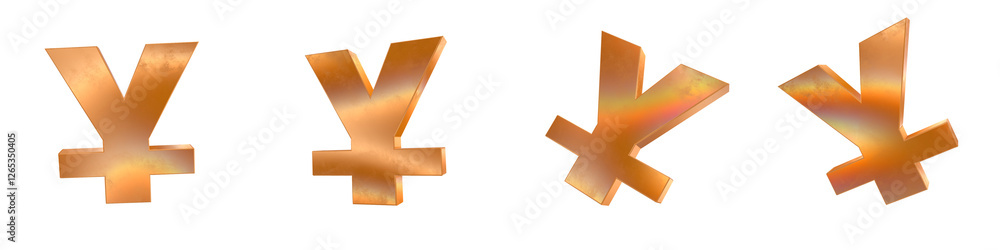 Poster Set of 4 3d yuan symbol shapes with golden and rainbow effects isolated on a transparent background. 3d elements for graphic design.