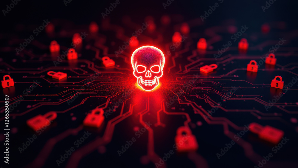 Poster Cybersecurity lockdown with a skull surrounded by bright red network nodes and data streams on a dark background.
