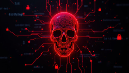 Cybersecurity skull icon with glowing red circuitry.