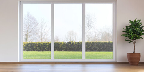 Bright and modern interior view with sliding glass door and green landscape