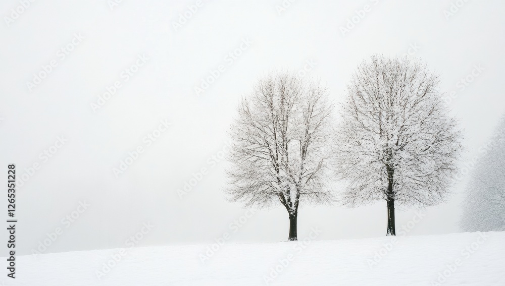 Poster Two bare trees stand in a snow-covered landscape, creating a serene and minimalist winter scene with soft shadows and low contrast