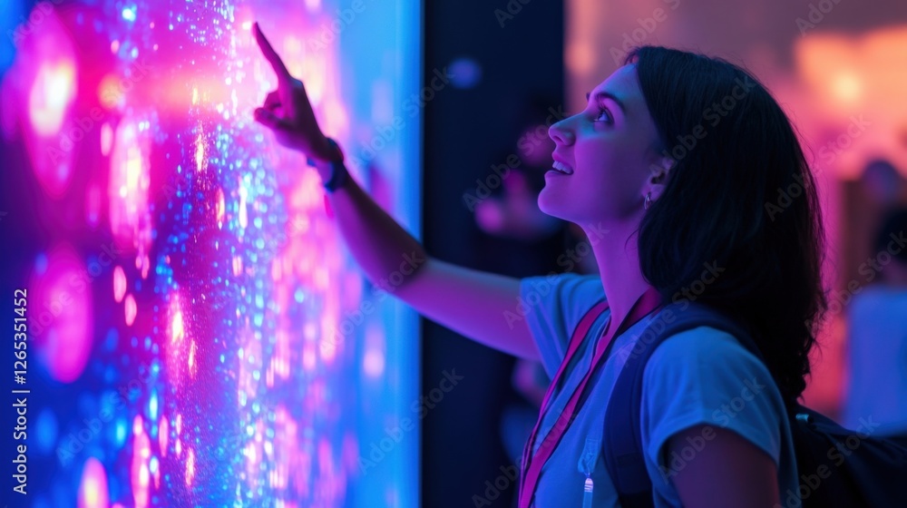 Aufkleber young female filmmaker editing a movie touching a large interactive digital touchscreen display in a