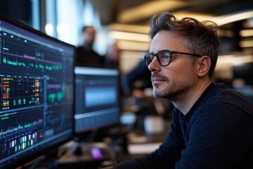 Fototapeta premium A thoughtful man wearing glasses is deeply analyzing data displayed on dual computer screens in a modern office environment, representing focus and professionalism.
