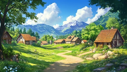 Fototapeta premium Quiet rural village surrounded by lush green fields, calm mountain backdrop, scenic countryside landscape, tranquil natural hill and forest
