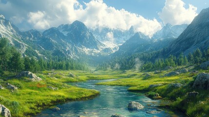 Fototapeta premium Sunny alpine valley with flowing river, mountains, and clouds. Possible use Nature background, travel brochure