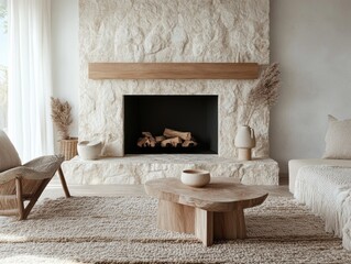 Bright living room features a stone fireplace and wooden accents