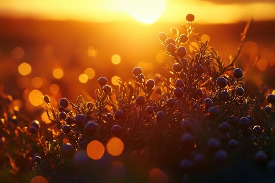 ripe Juniper berries ready to harvest, glowing under the golden sunset