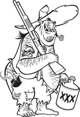 cartoon caricature of a hillbilly with shotgun and whiskey jug